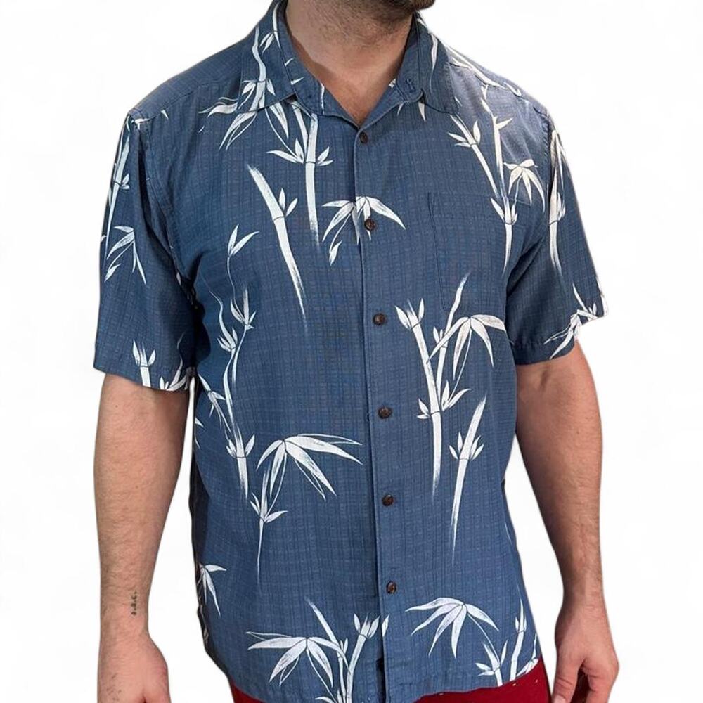 Quiksilver Blue Hawaiian Shirt White Bamboo Print Tropical Beach Aloha XL Resort